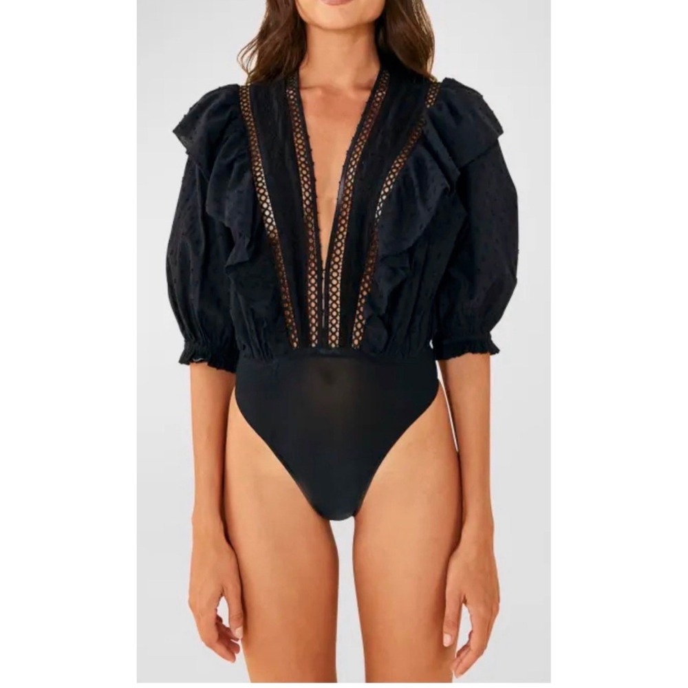 Farm Rio Black Swiss Dot Ruffle Lace Bodysuit Deep V-Neck Puff Sleeve Size Small